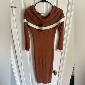 Fashion Nova Ribbed Off-Shoulder Midi Dress with Cream Trim